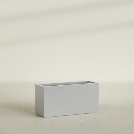 Miami Narrow Rectangular Planter in Metallic Silver, 36"L × 12"D × 18"H, shown empty