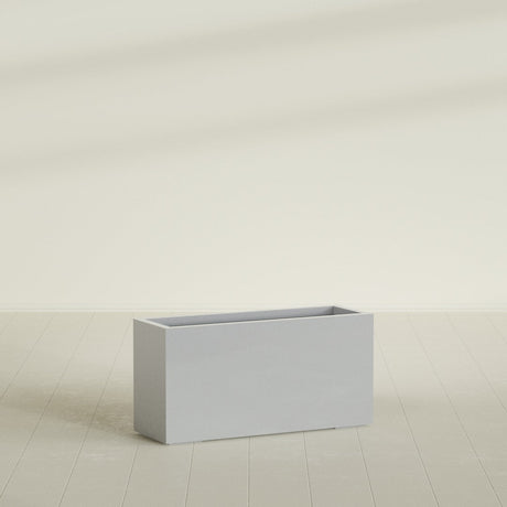 Miami Narrow Rectangular Planter in Metallic Silver, 36"L × 12"D × 18"H, shown empty