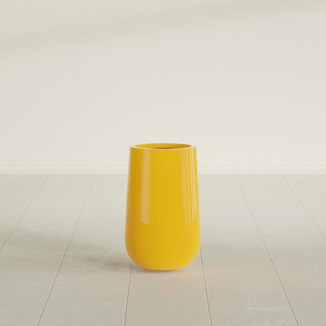 Hayden Urn Planter in Gloss Saffron, 18"D × 29"H, shown empty