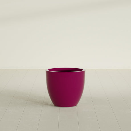 Wannsee Round Planter in Gloss Eggplant, 27"D × 24"H, shown empty