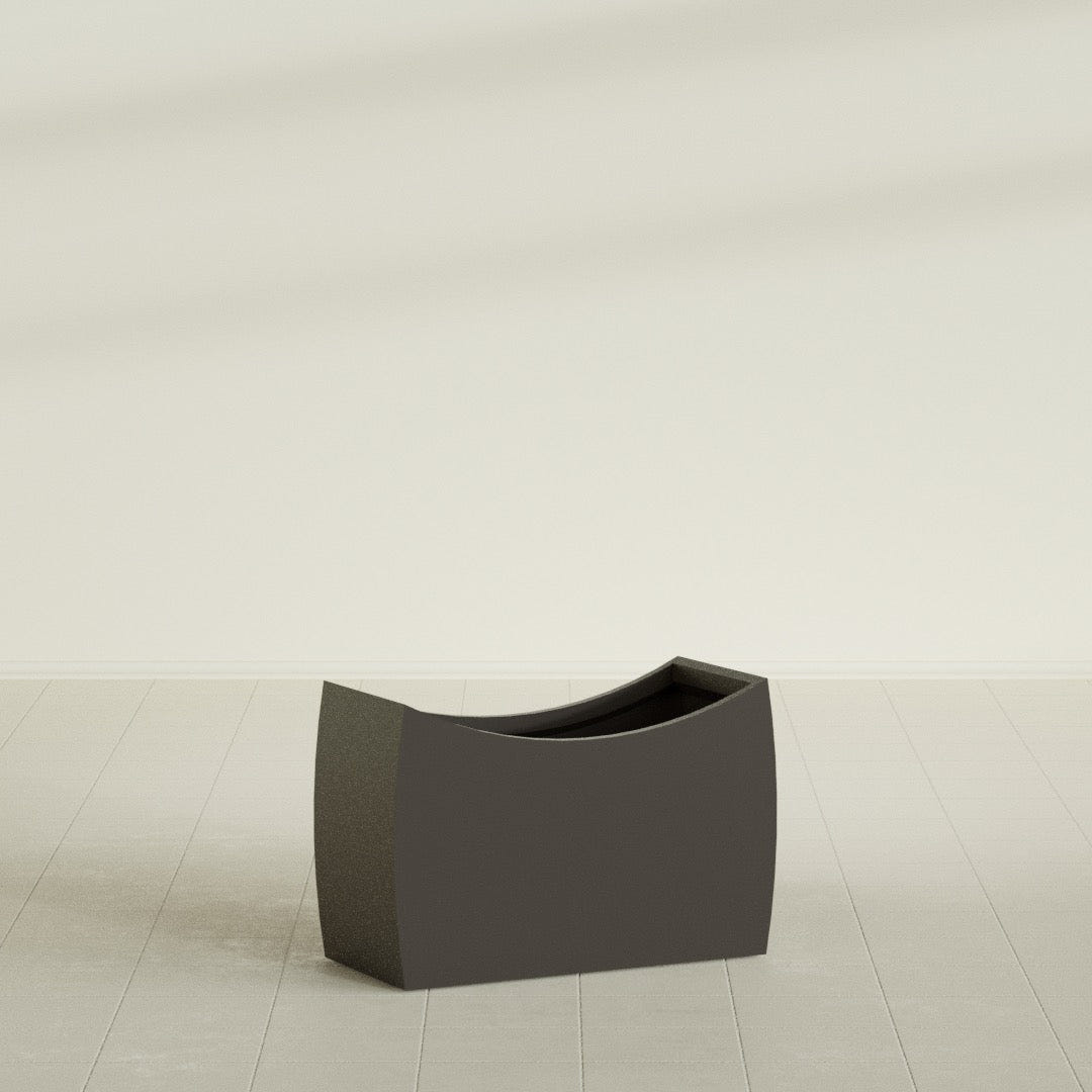 Seoul Curved Planter in Matte Dark Brown, 36"L × 16"D × 24"H, shown empty