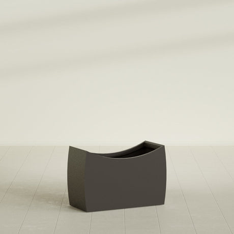 Seoul Curved Planter in Matte Dark Brown, 36"L × 16"D × 24"H, shown empty