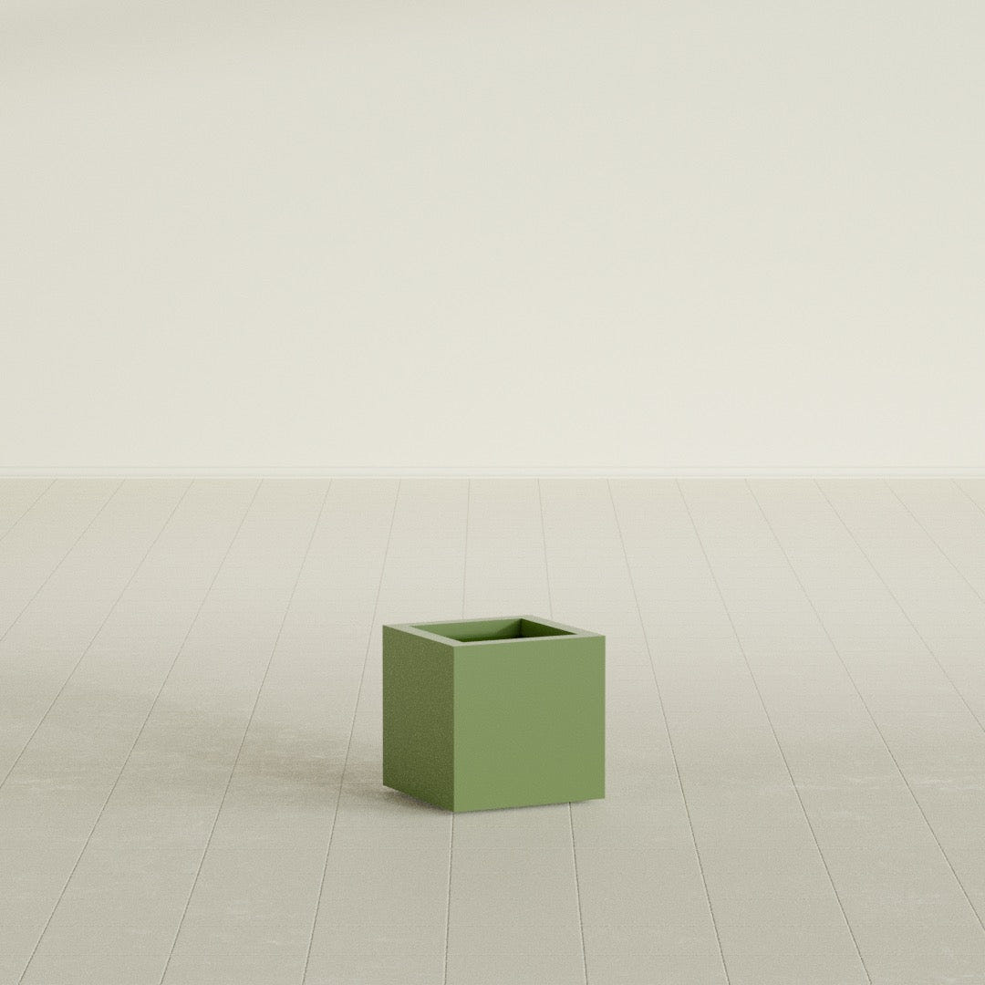 Montroy Cube Planter in Satin Green, 12", shown empty