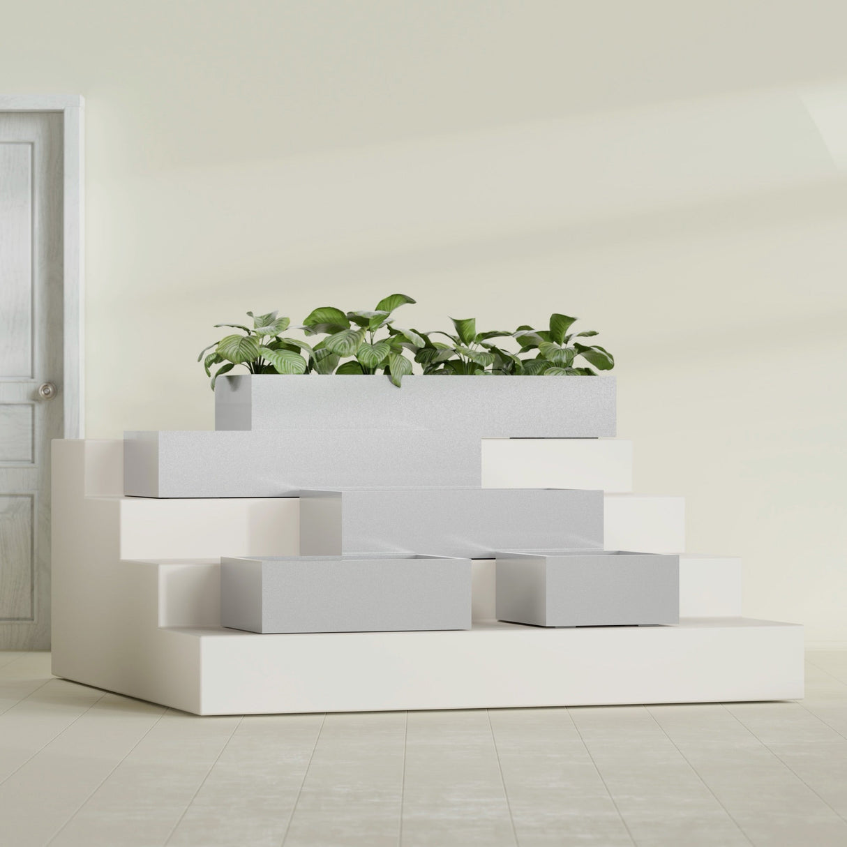 Antwerp Rectangular fiberglass planter in Metallic Silver, size range, in a sunlit interior