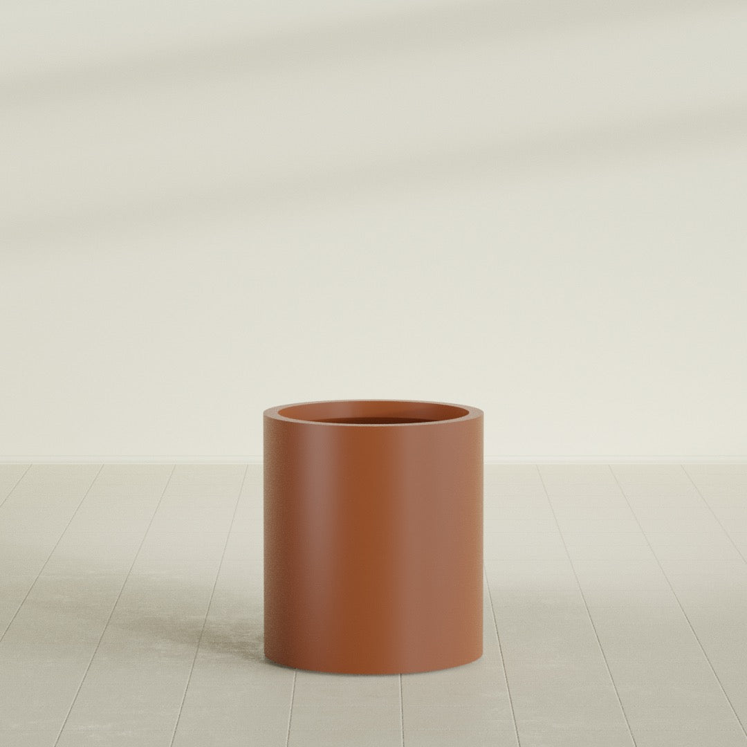 Rio Grande Cylinder Planter in Matte Terra Cotta, 18"D × 20"H, shown empty