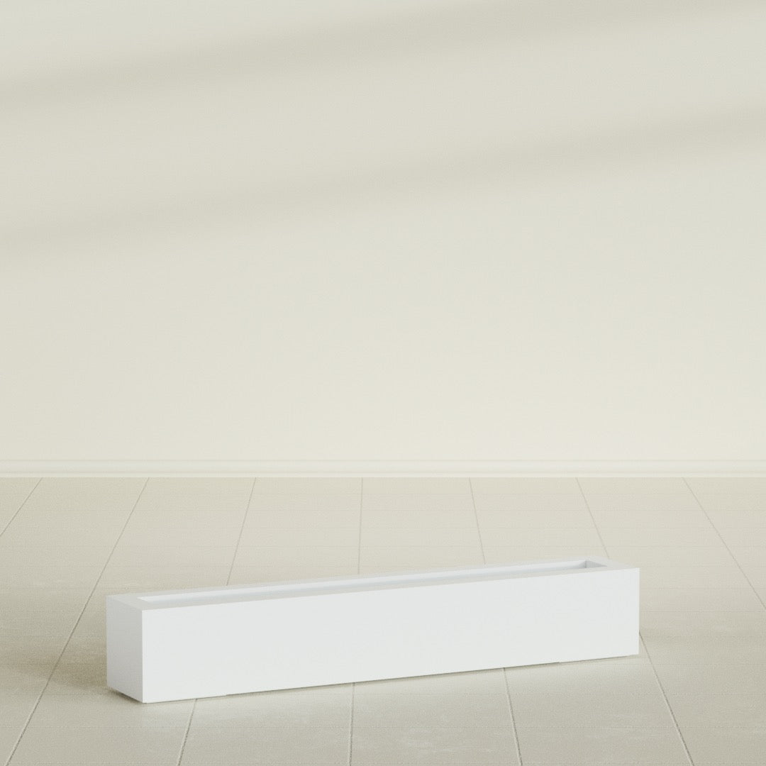 Salon Box Planter in Matte Bright White, 48" Long, shown empty