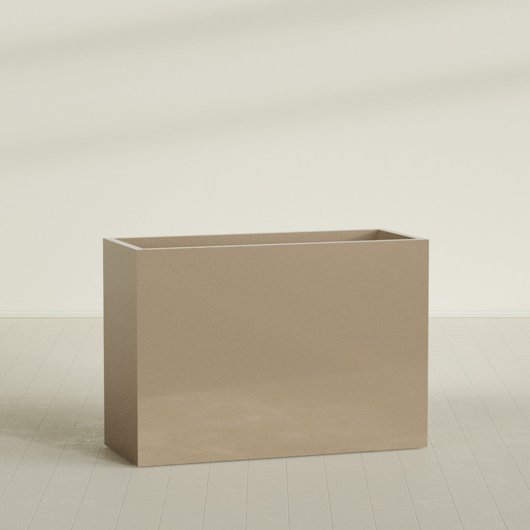 Darwin Rectangular Planter in Gloss Metallic Gold, 60"L × 24"D × 42"H, shown empty