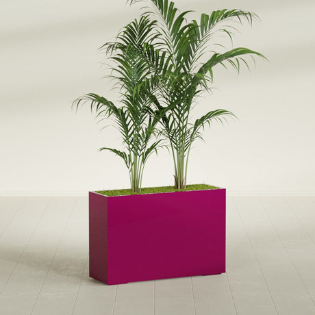 Potsdam Corner fiberglass planter in Gloss Eggplant, shown planted, in a sunlit interior