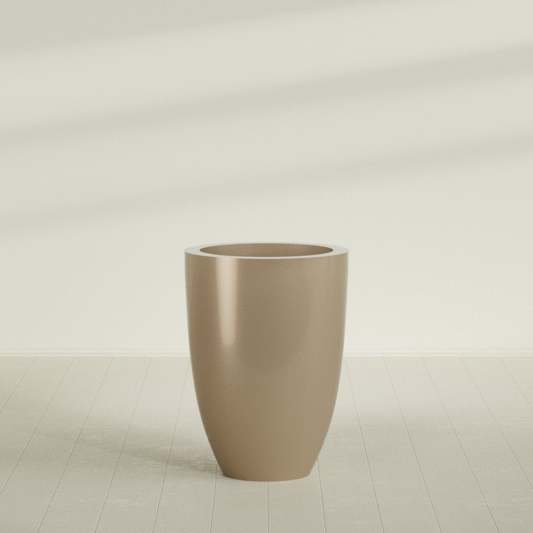 Brannan Tapered Round Planter in Gloss Metallic Gold, 30"D × 41"H, shown empty