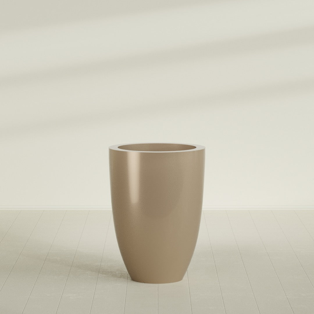 Brannan Tapered Round Planter in Gloss Metallic Gold, 30"D × 41"H, shown empty