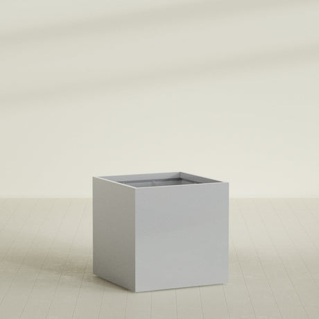 Montroy Cube Planter in Metallic Silver, 40", shown empty