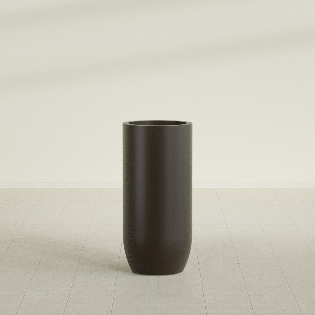 Saint Tropez Bullet Round Planter in Matte Dark Brown, 20"D × 43"H, shown empty