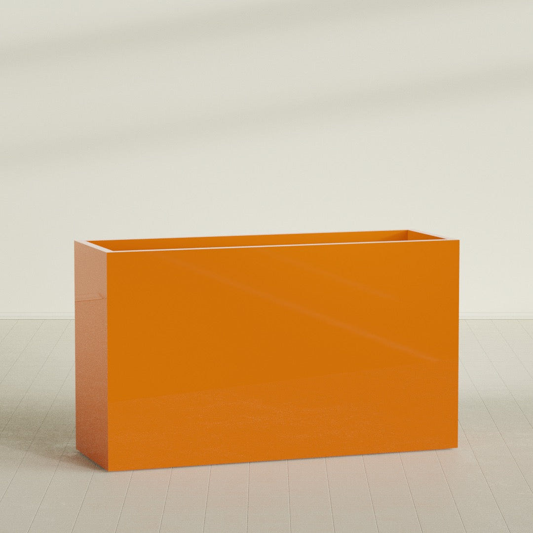 Darwin Rectangular Planter in Gloss Tangerine, 72"L × 24"D × 42"H, shown empty