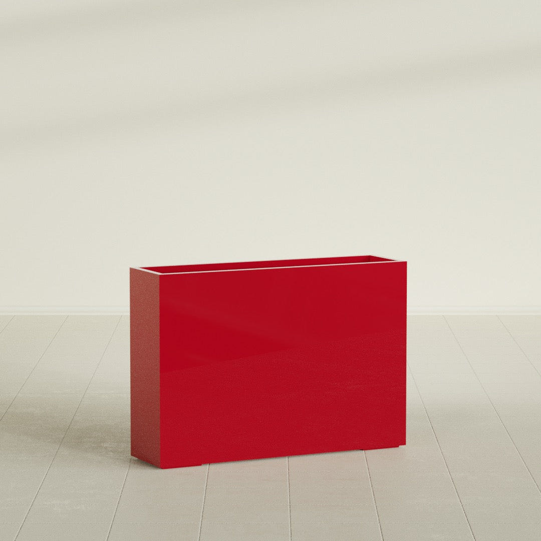 Perth Rectangular Planter in Gloss Red, 60"L × 16"D × 42"H, shown empty