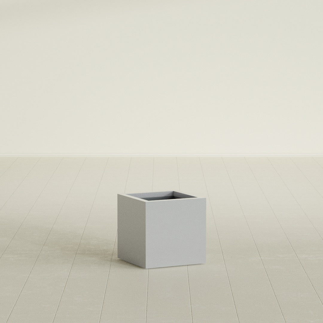 Montroy Cube Planter in Metallic Silver, 16", shown empty