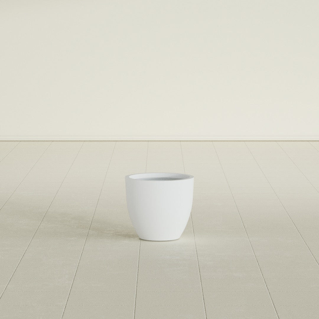 Wannsee Round Planter in Gloss Bright White, 15"D × 13"H, shown empty