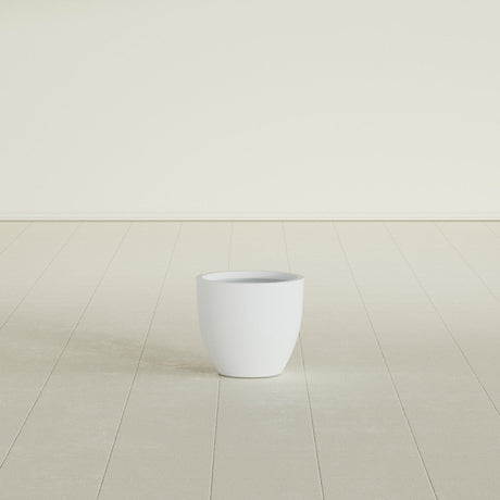 Wannsee Round Planter in Gloss Bright White, 15"D × 13"H, shown empty