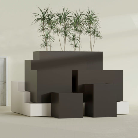 Brisbane Rectangular fiberglass planter in Matte Dark Brown, size range, in a sunlit interior