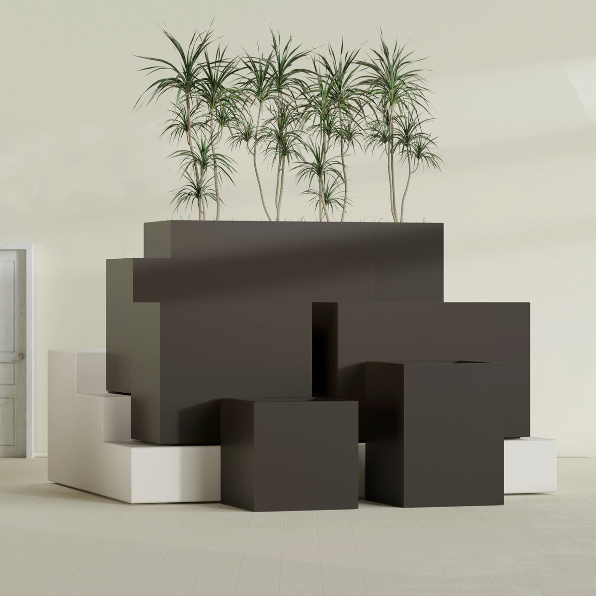 Brisbane Corner fiberglass planter in Matte Dark Brown, size range, in a sunlit interior