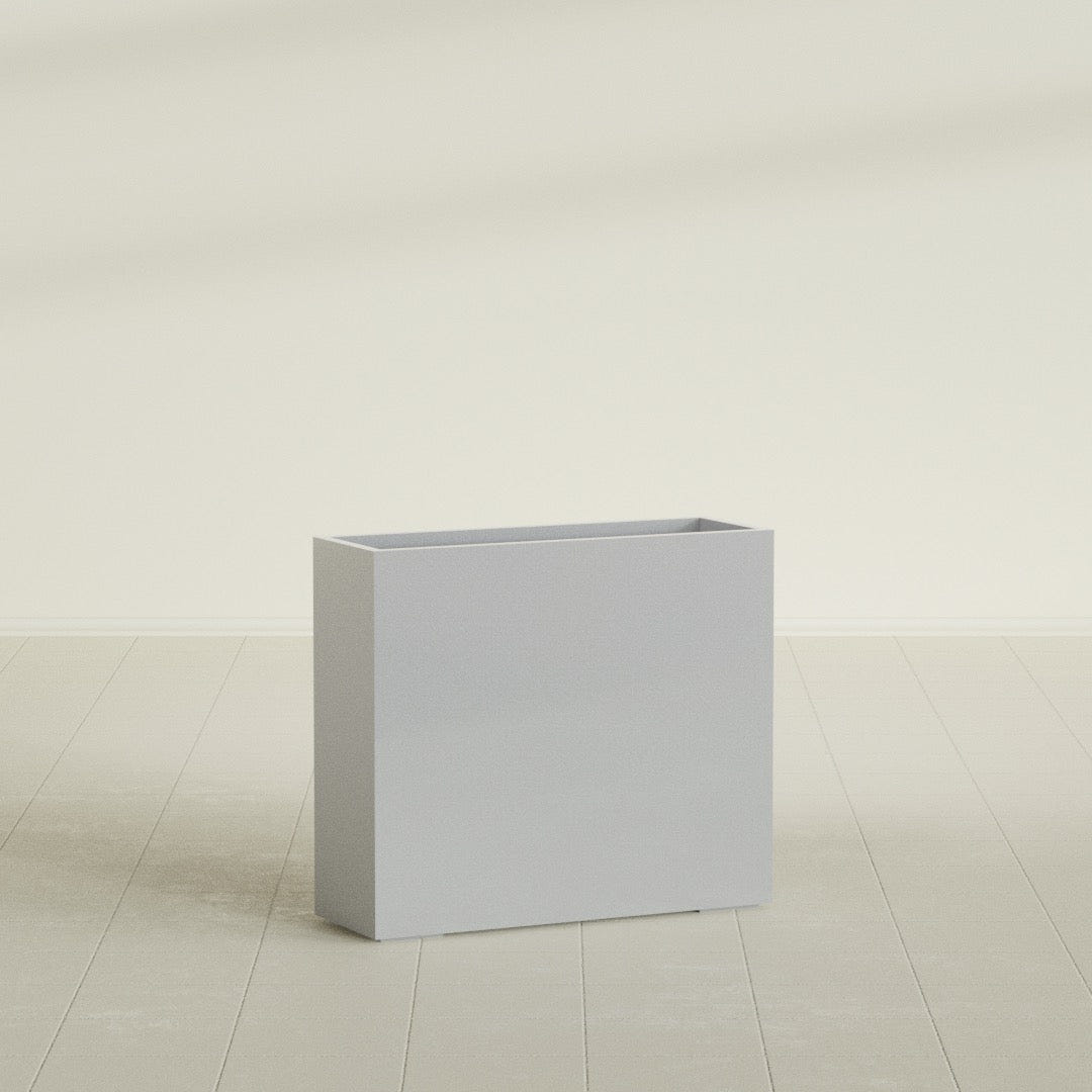Perth Rectangular Planter in Metallic Silver, 48"L × 16"D × 42"H, shown empty
