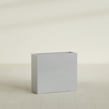 Perth Rectangular Planter in Metallic Silver, 48"L × 16"D × 42"H, shown empty