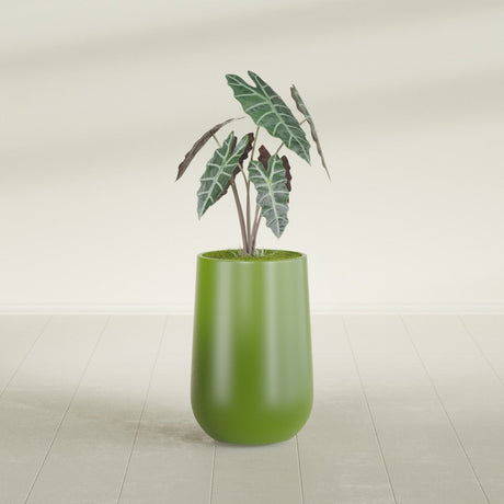 Hayden Urn fiberglass planter in Satin Green, shown planted, in a sunlit interior