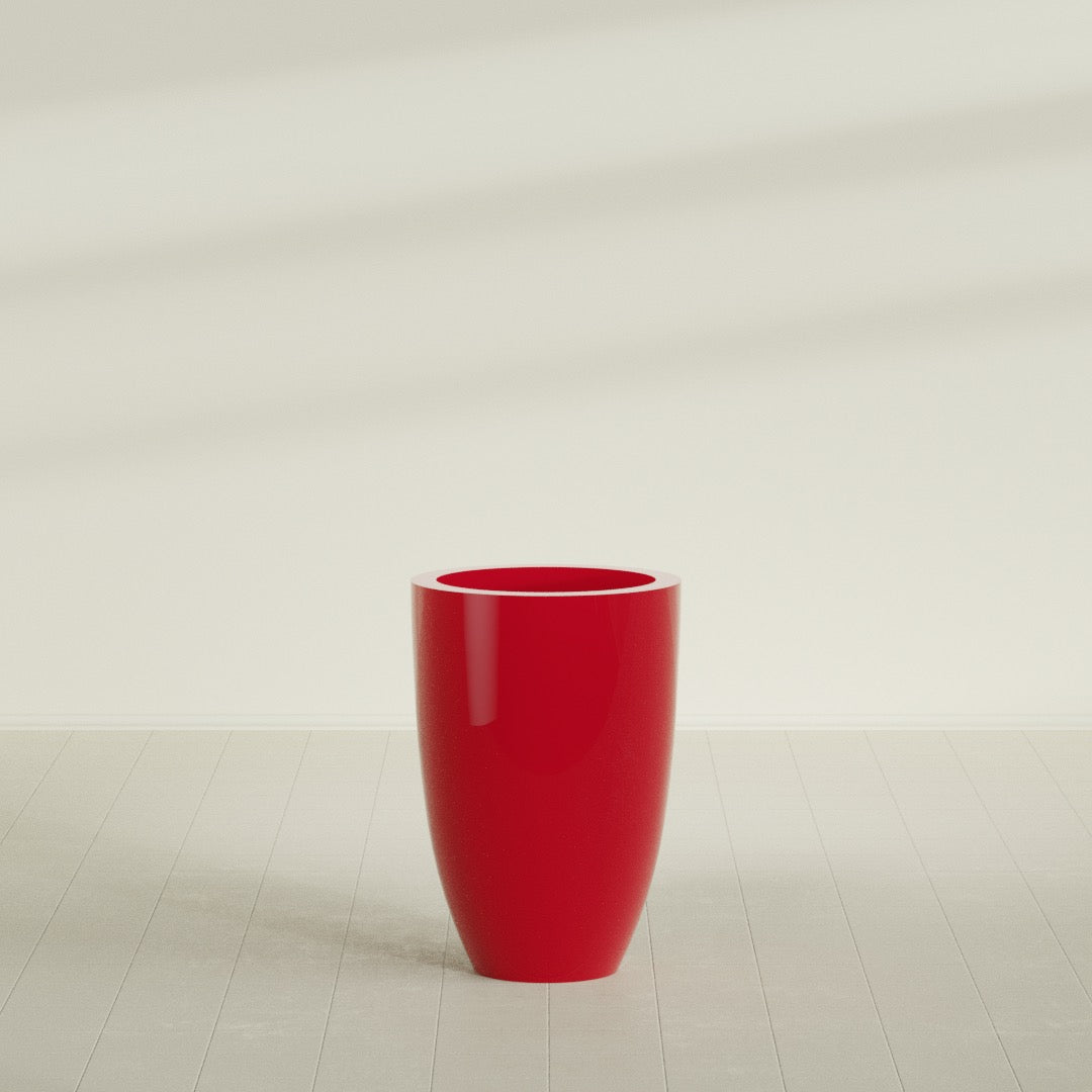 Brannan Tapered Round Planter in Gloss Red, 24"D × 35"H, shown empty