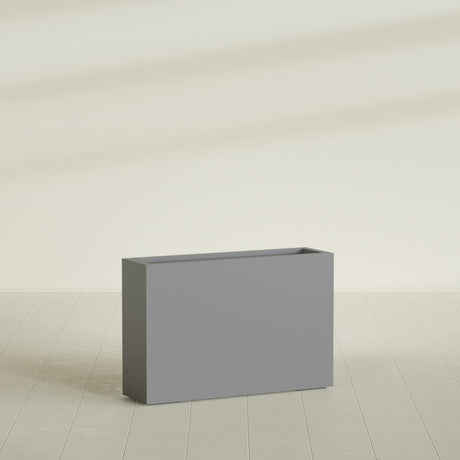 Milano Narrow Rectangular Planter in Matte Gunmetal, 36"L × 10"D × 24"H, shown empty