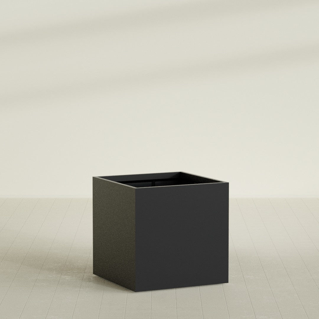 Montroy Cube Planter in Matte Black, 40", shown empty