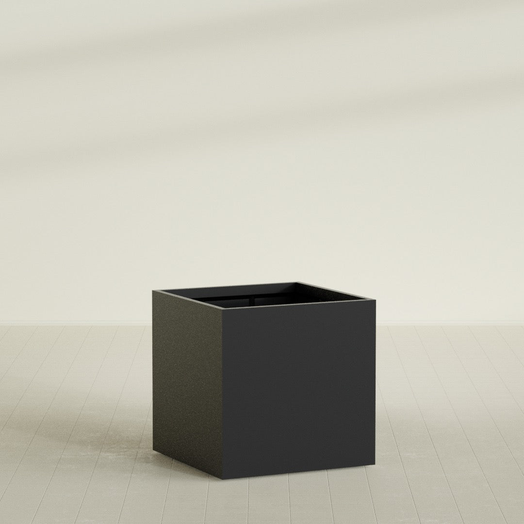 Montroy Cube Planter in Matte Black, 40", shown empty