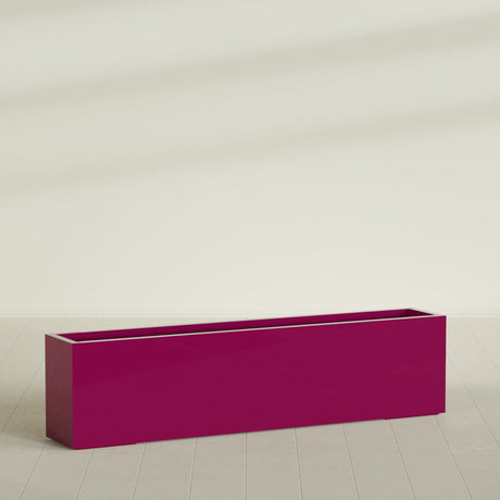 Miami Narrow Rectangular Planter in Gloss Eggplant, 72"L × 12"D × 18"H, shown empty