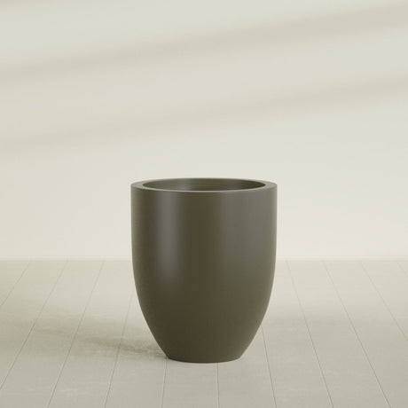 Valencia Tapered Round Planter in Matte Bronze, 27"D × 31"H, shown empty