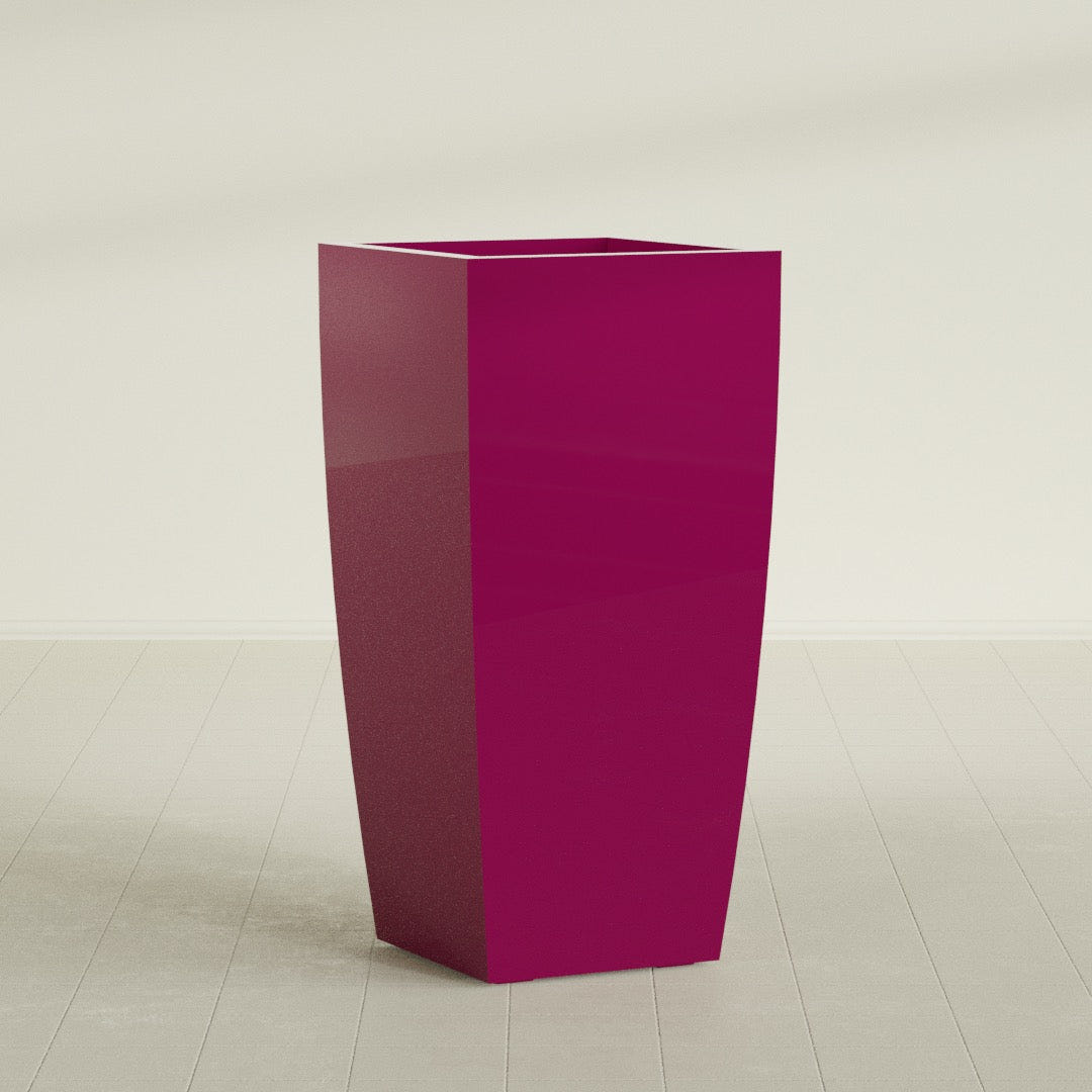 Toulan Tapered Square Planter in Gloss Eggplant, 23"W × 48"H, shown empty