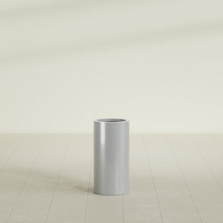 Corry Cylinder Planter in Metallic Silver, 10"D × 20"H, shown empty