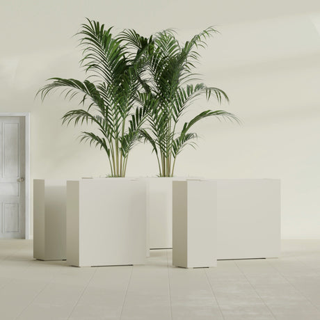 Perth Rectangular fiberglass planter in Satin Beige, size range, in a sunlit interior