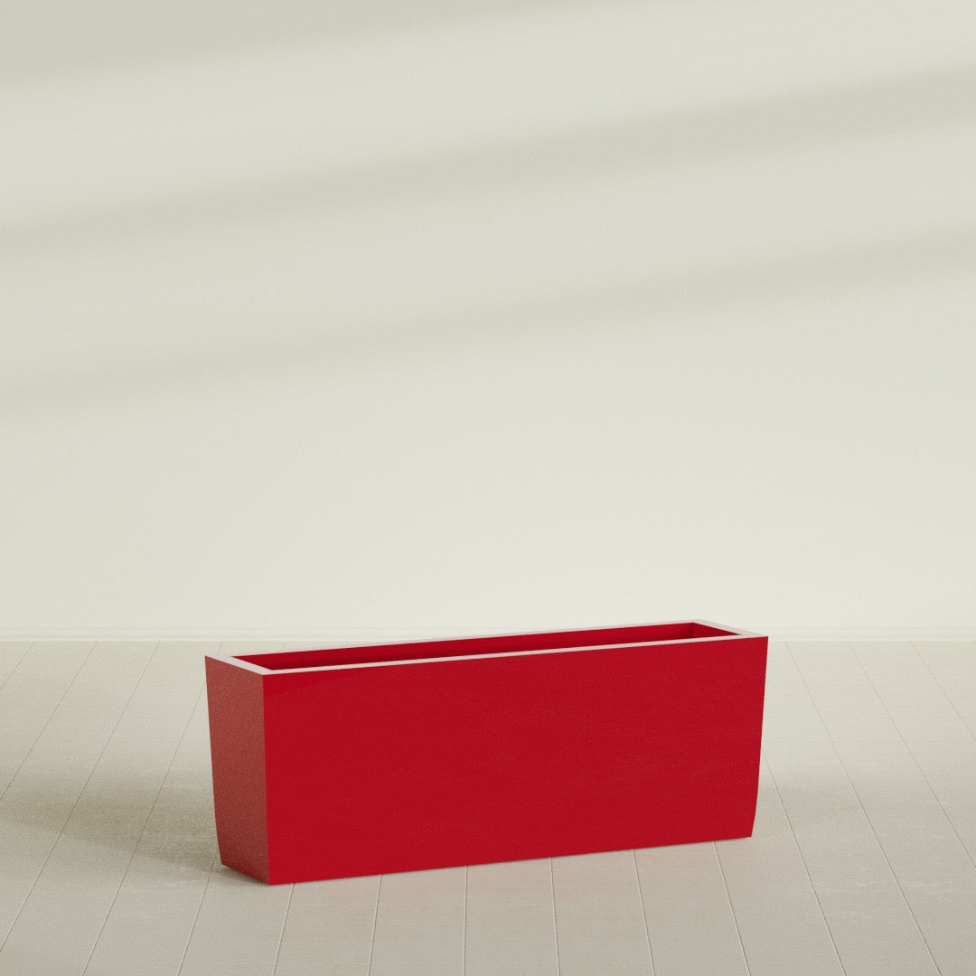 Panama Tapered Rectangular Planter in Gloss Red, 48"L × 12"D × 18"H, shown empty