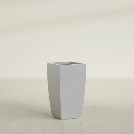Toulan Tapered Square Planter in Metallic Silver, 16"W × 30"H, shown empty