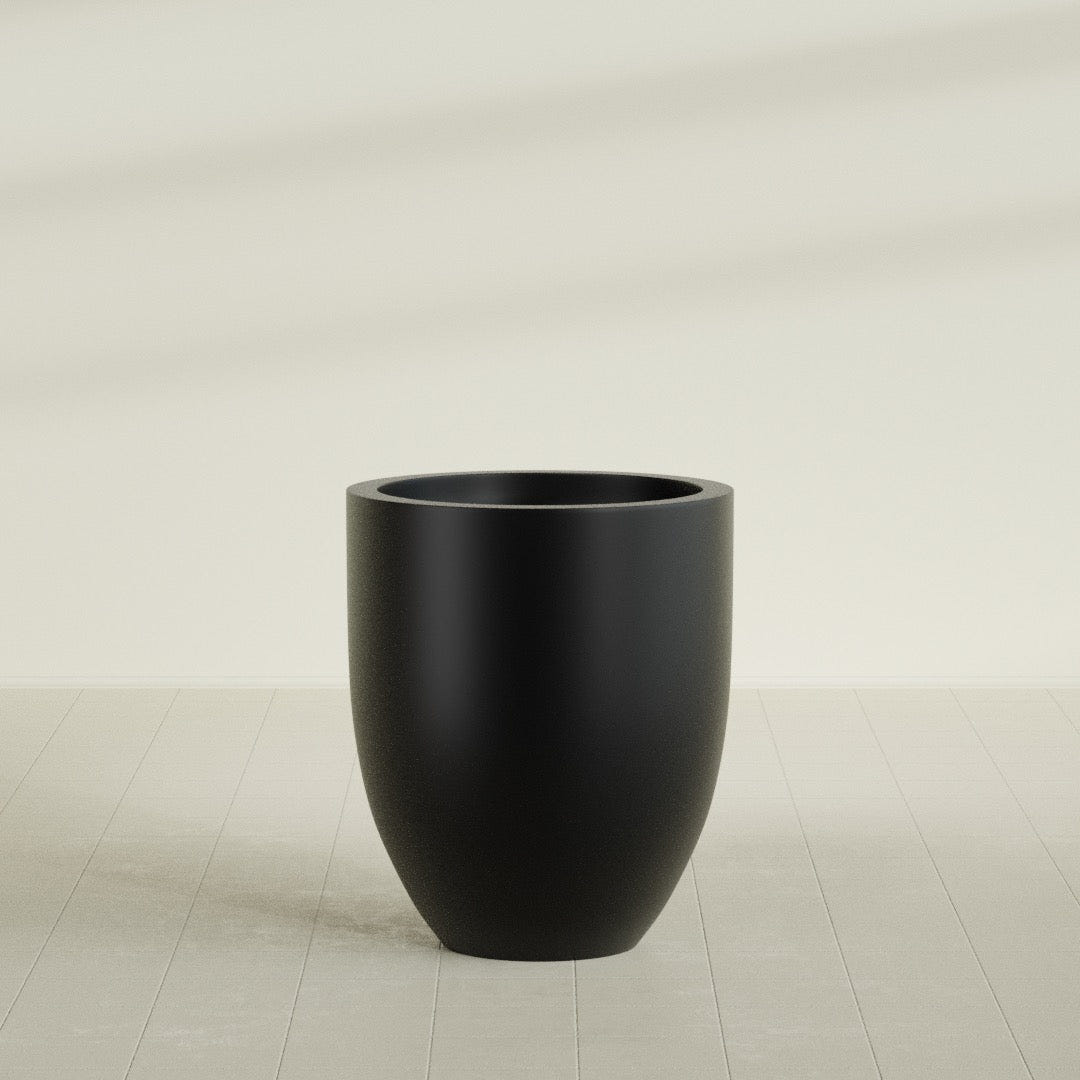 Valencia Tapered Round Planter in Matte Black, 27"D × 31"H, shown empty