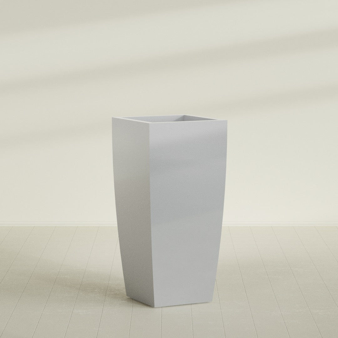 Toulan Tapered Square Planter in Metallic Silver, 28"W × 60"H, shown empty
