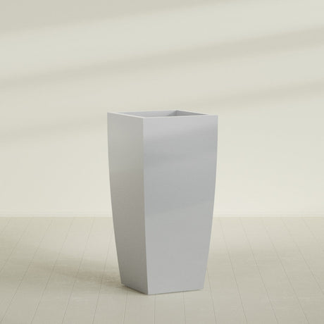 Toulan Tapered Square Planter in Metallic Silver, 28"W × 60"H, shown empty