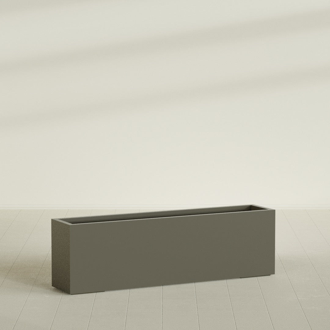 Miami Narrow Rectangular Planter in Matte Bronze, 60"L × 12"D × 18"H, shown empty