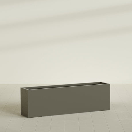 Miami Narrow Rectangular Planter in Matte Bronze, 60"L × 12"D × 18"H, shown empty