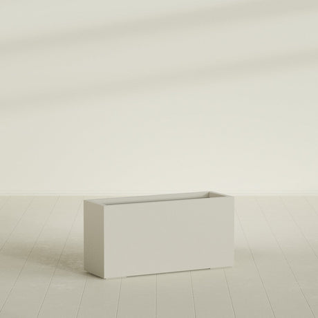 Miami Narrow Rectangular Planter in Satin Beige, 36"L × 12"D × 18"H, shown empty