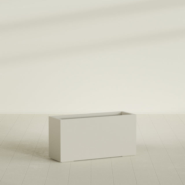 Miami Narrow Rectangular Planter in Satin Beige, 36"L × 12"D × 18"H, shown empty