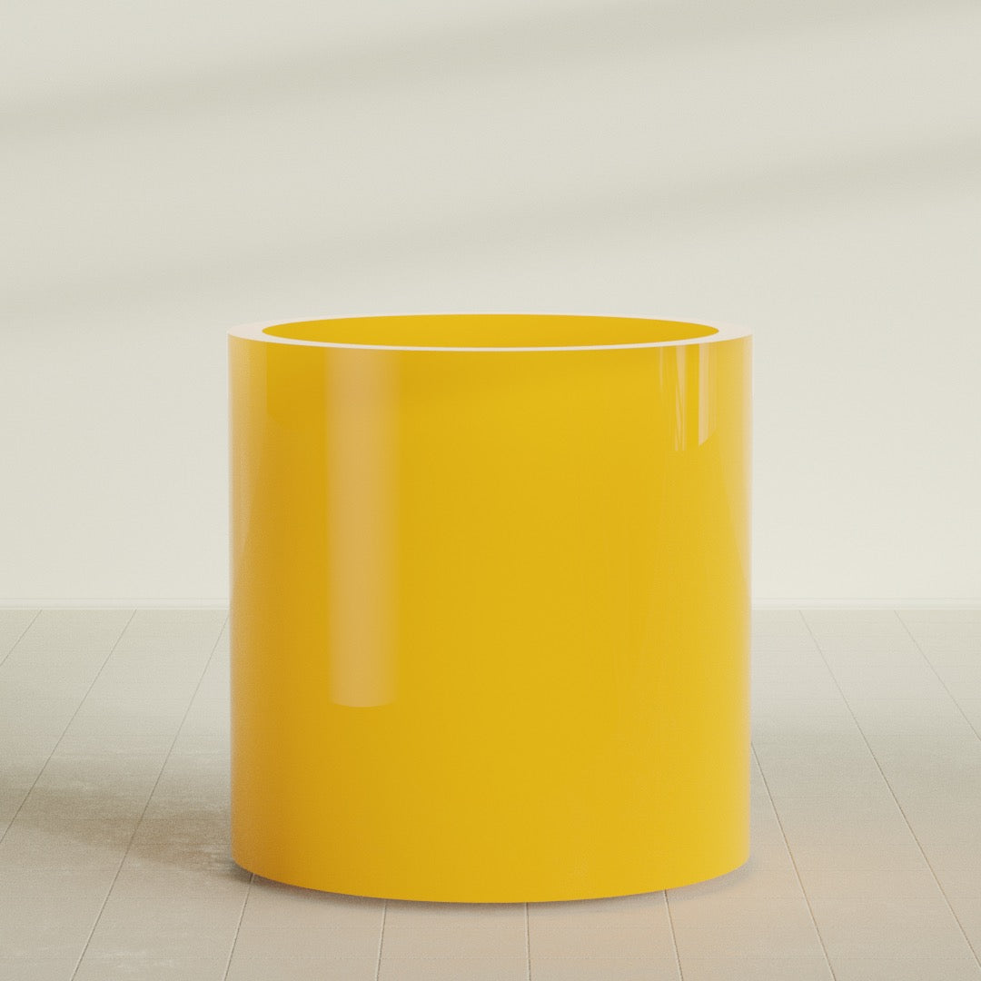 Rio Grande Cylinder Planter in Gloss Saffron, 30"D × 32"H, shown empty