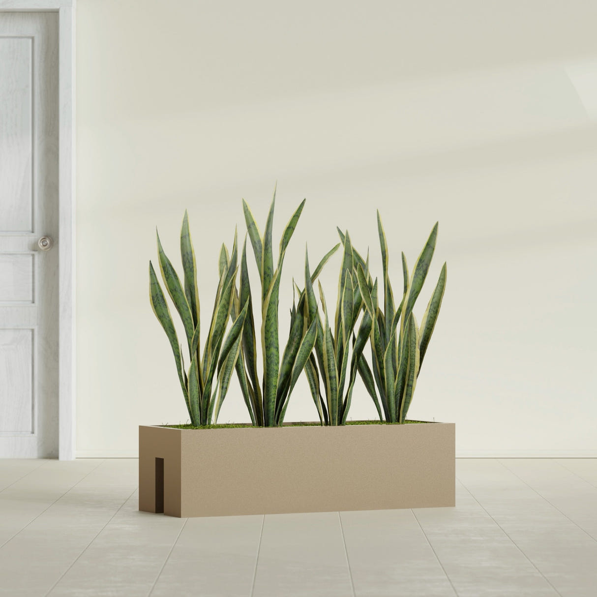 Tiergarden Railing fiberglass planter in Gloss Metallic Gold, shown planted, in a sunlit interior