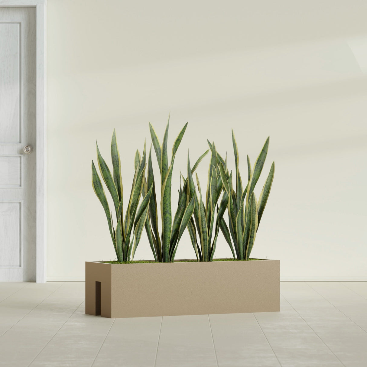 Tiergarden Railing fiberglass planter in Gloss Metallic Gold, shown planted, in a sunlit interior