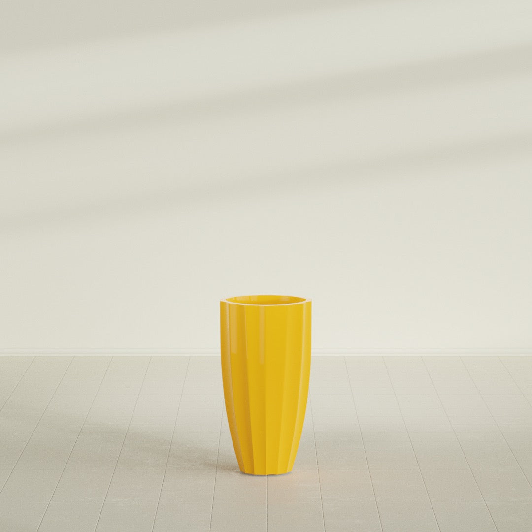 San Jose Tall Fluted Planter in Gloss Saffron, 16"D × 30"H, shown empty