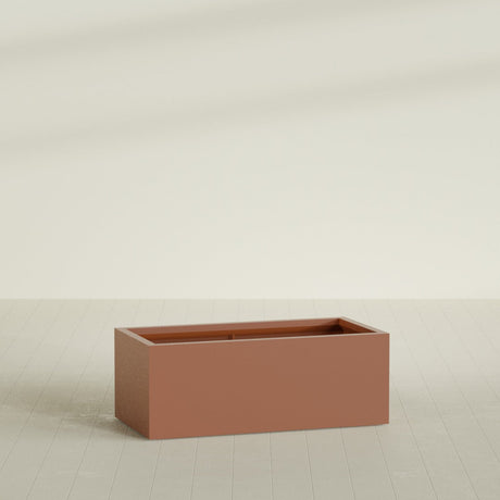 Torino Wide Rectangular Planter in Matte Terra Cotta, 48"L × 24"D × 18"H, shown empty