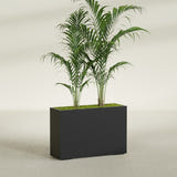 Potsdam Corner fiberglass planter in Matte Black, shown planted, in a sunlit interior